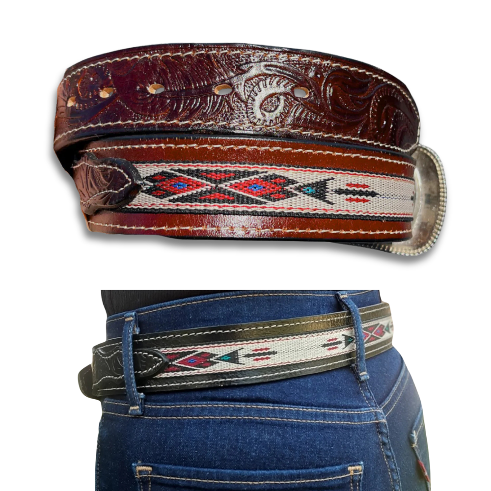 Western Leather Carved Belt - Aztec