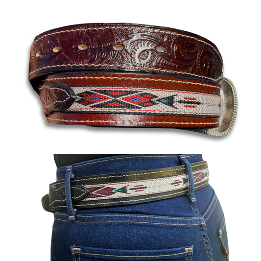 Western Leather Carved Belt - Aztec