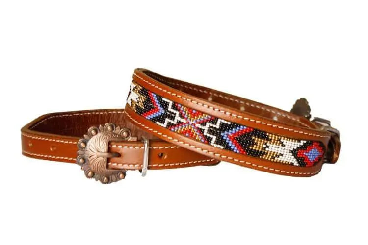 Genuine leather dog collar with red, black, periwinkle, white, and gold navajo beaded inlay design