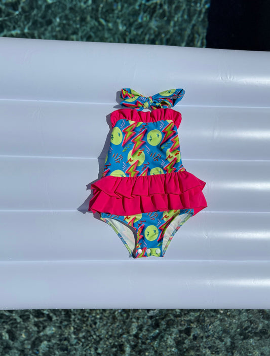 Neon Bolts Ruffled Swim Suit (FINAL SALE)