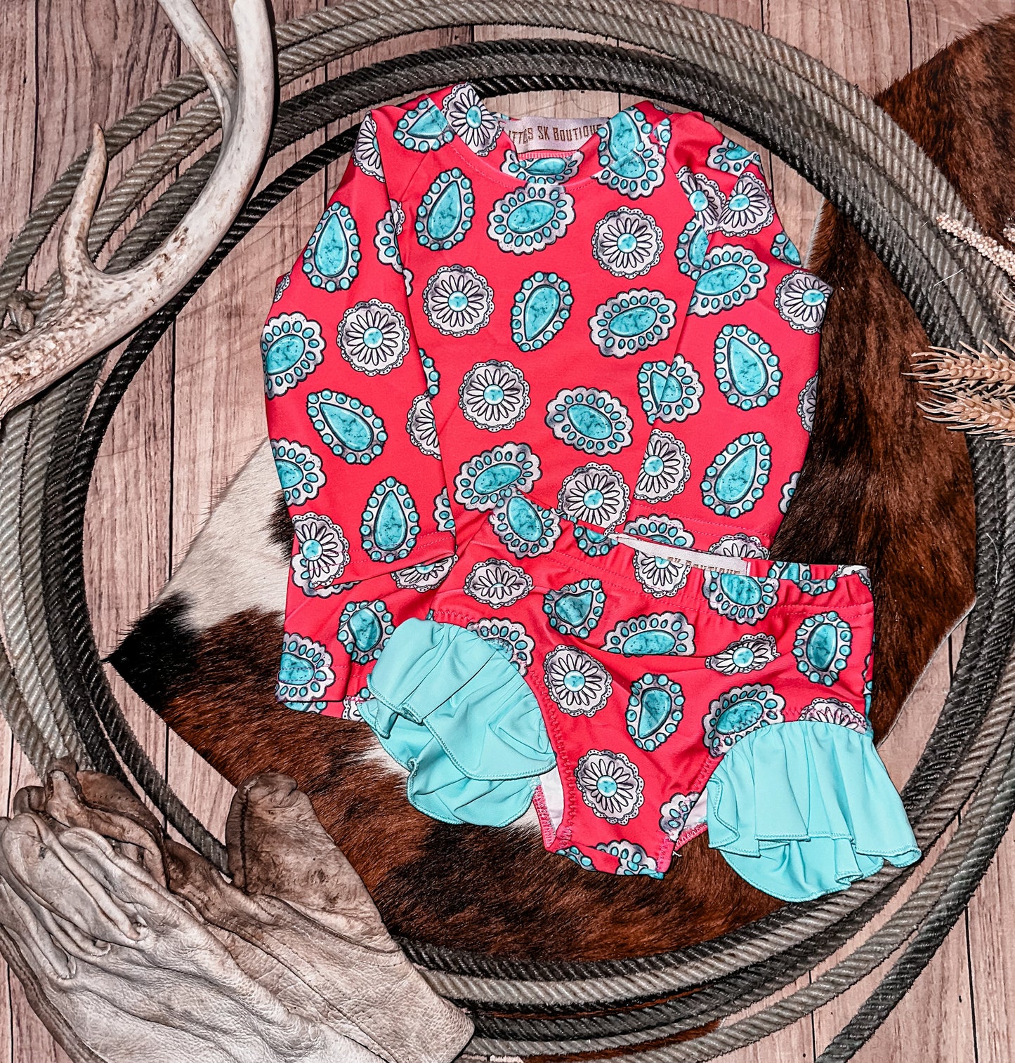 Pink Concho Ruffle Long Sleeve Swim Set