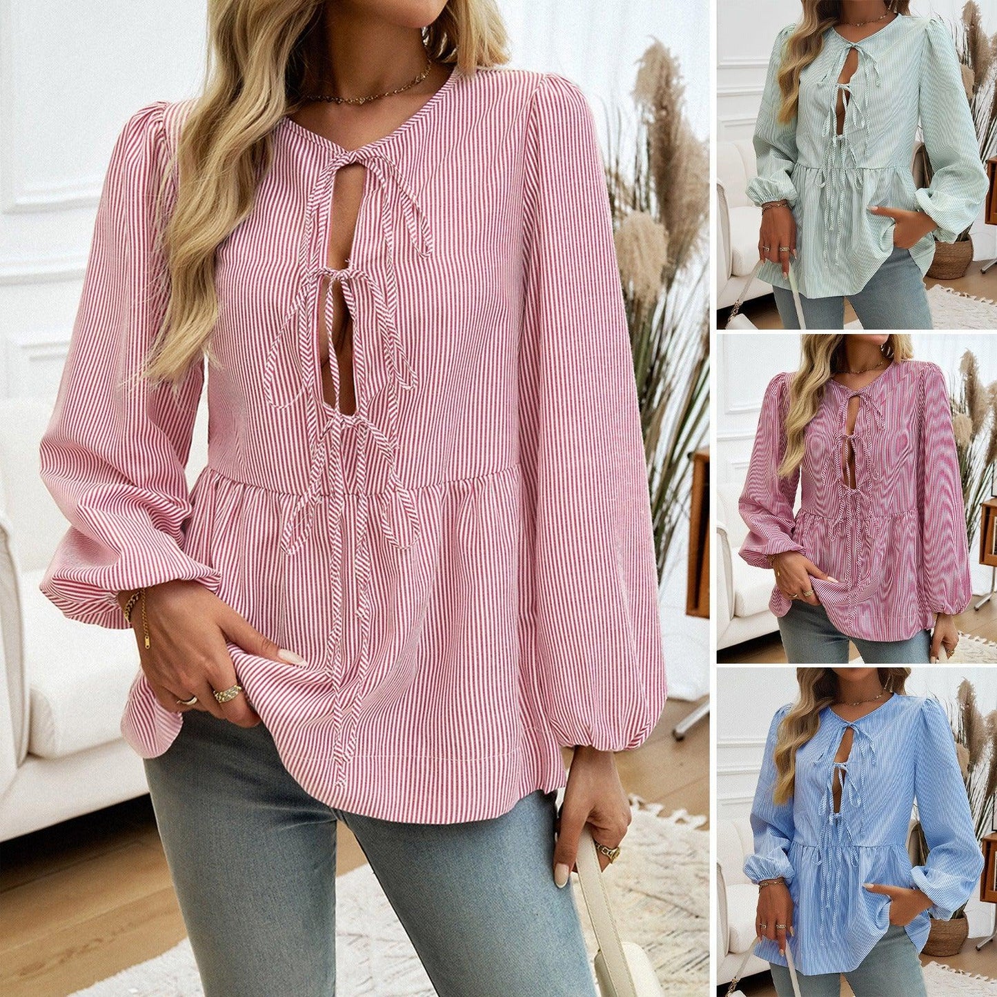 Boho Chic Striped Lace-Up Shirt - Trendy Loose Fit Casual Top for Women