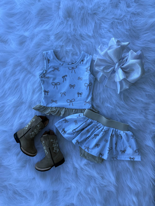 Sad Biege Bow Skirted Romper set (FINAL SALE)