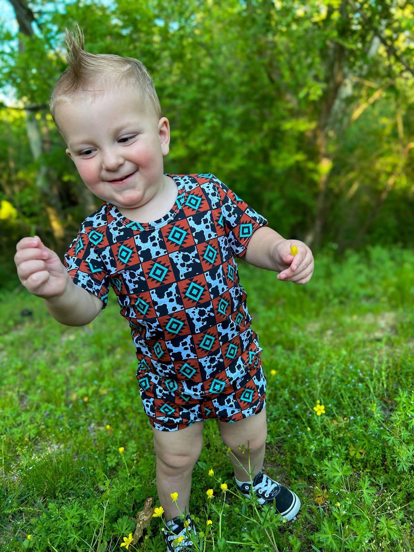 Cow & Aztec Checkered Short Set (FINAL SALE)