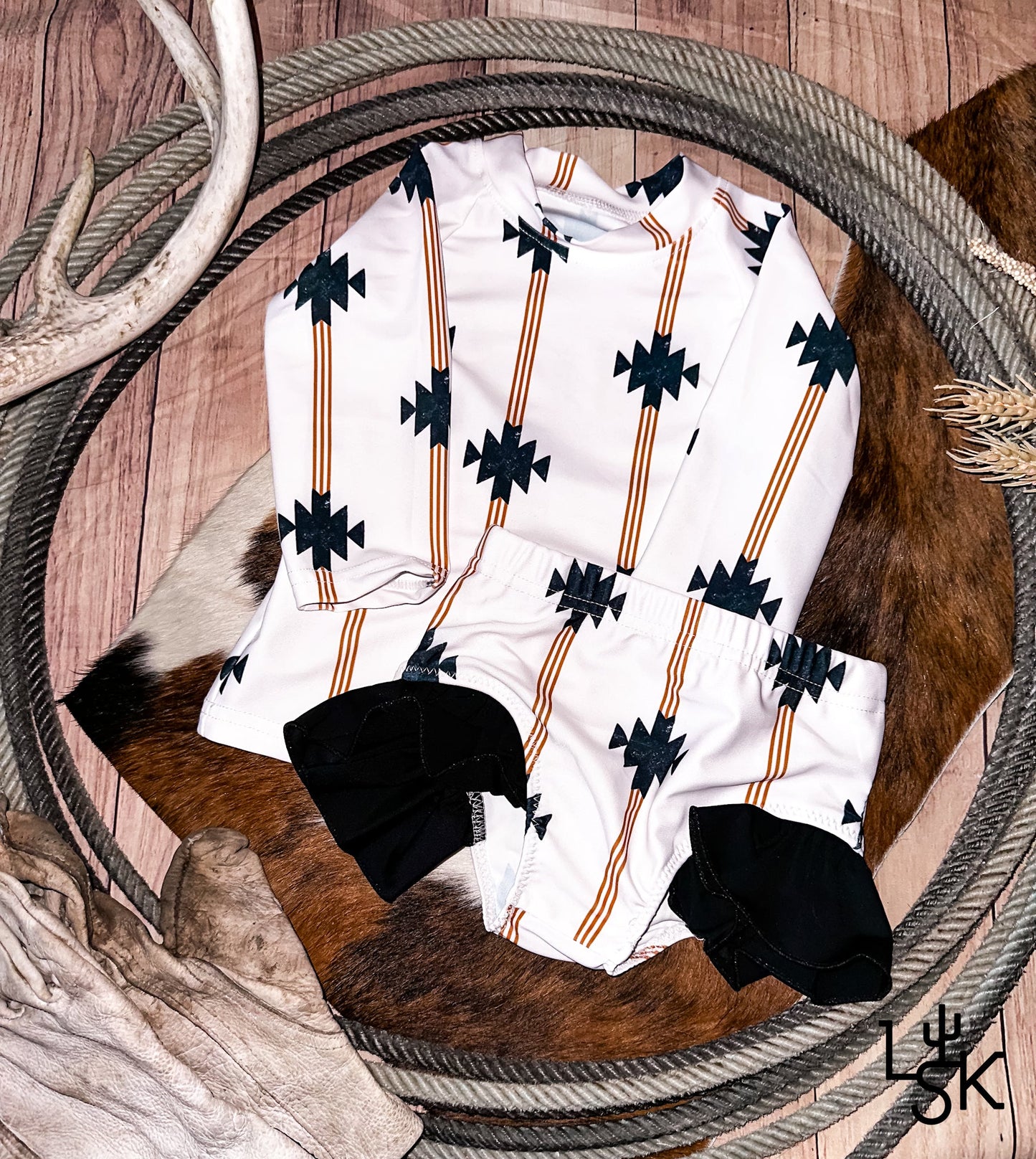 Neutral Aztec Ruffle Long Sleeve Swim Set