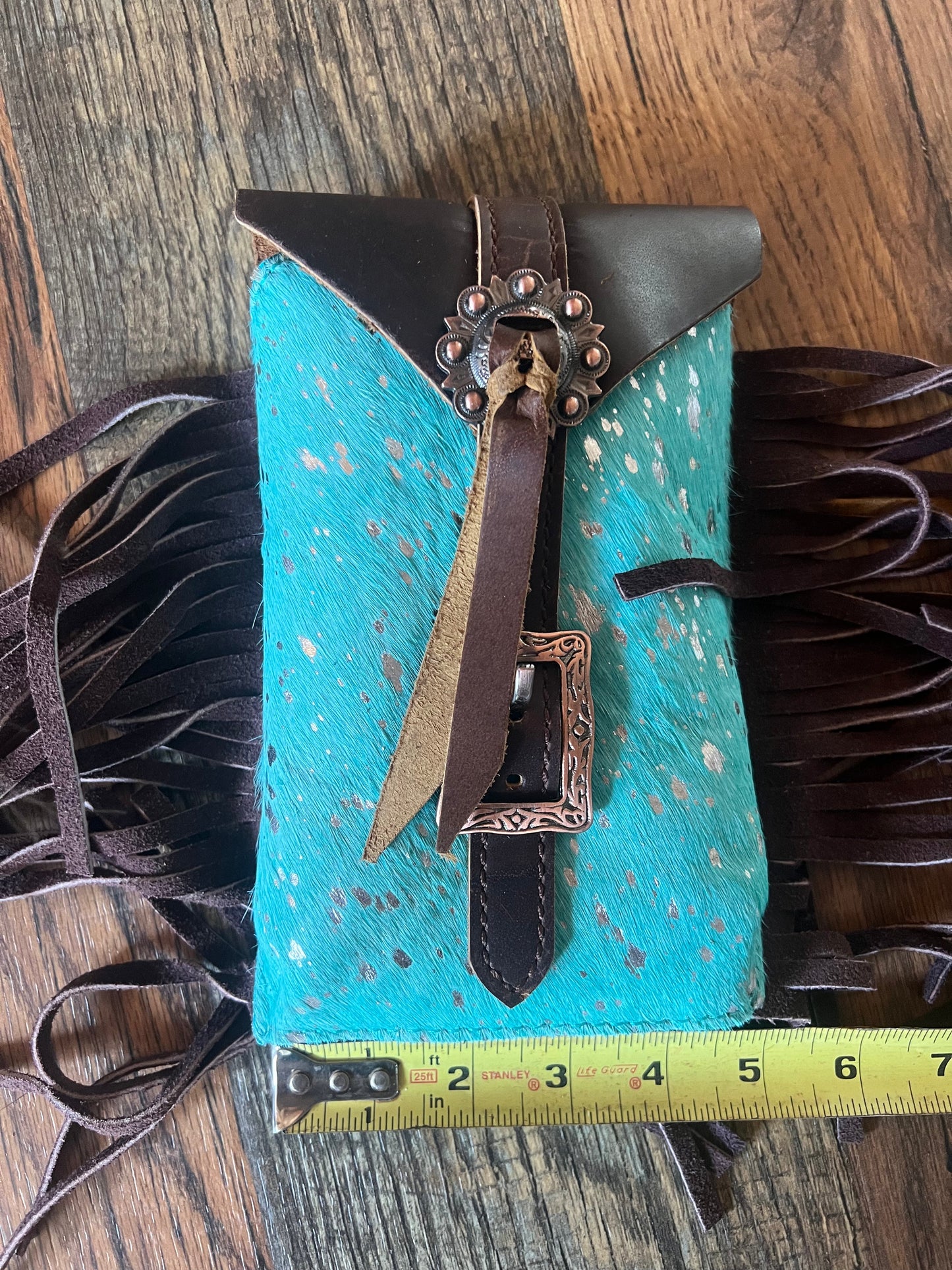Acid Wash Teal Hair on Cowhide Saddle Bag Rear Cinch