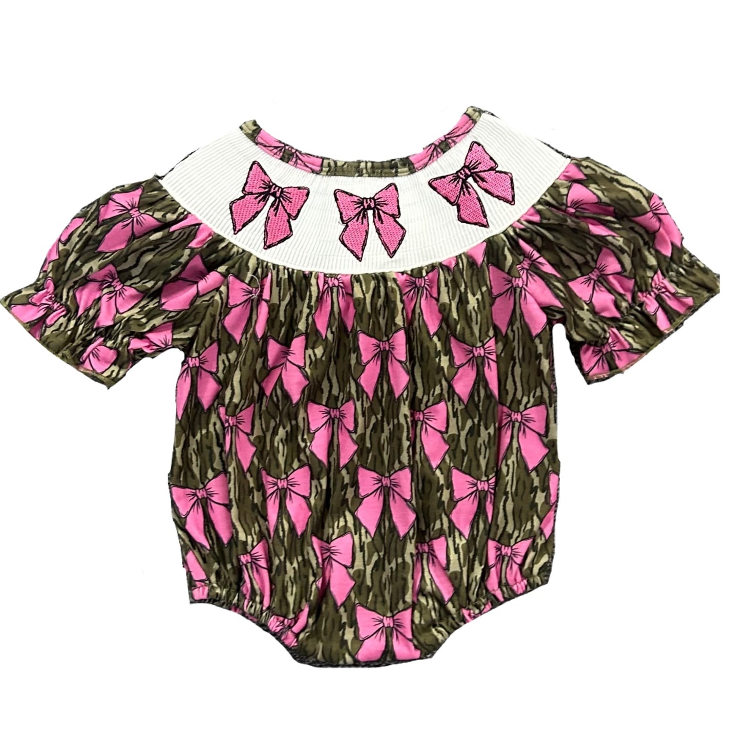 Smocked camo bows romper