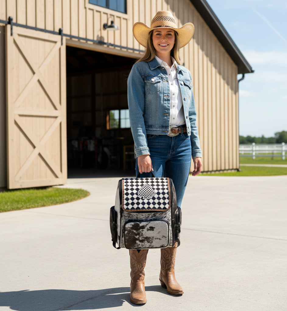 Aces Checker Tooled & Cowhide Backpack 