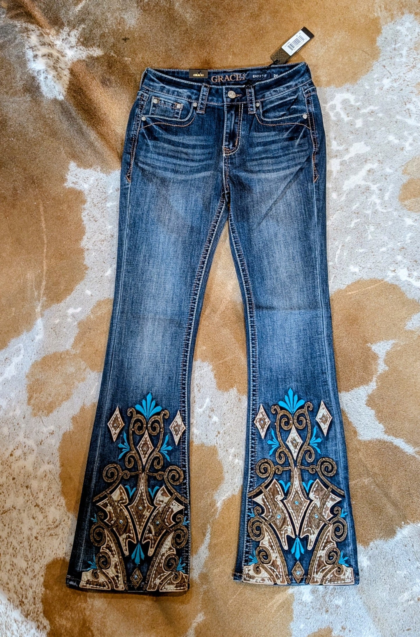 Grace in LA Mid-Rise Easy Fit Embellished Flare Jeans