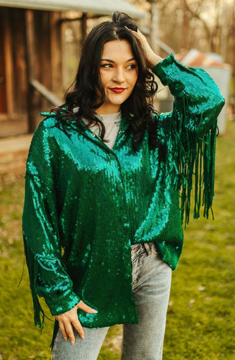 Green Sequins Shacket W All around Fringe
