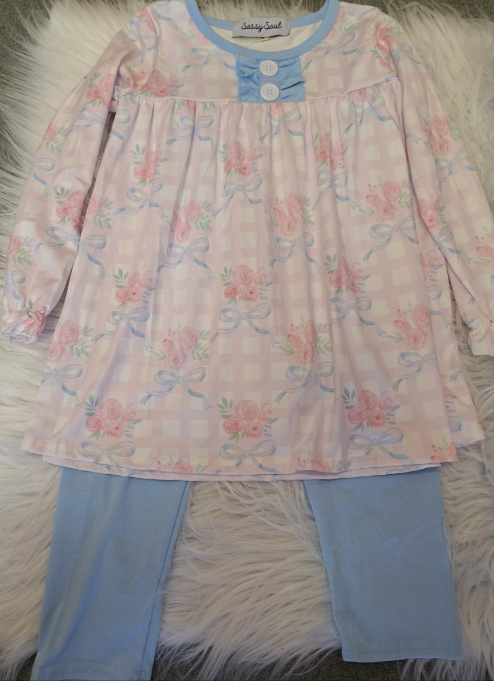 Blue and Pink Floral and Ribbon Print Pant Set