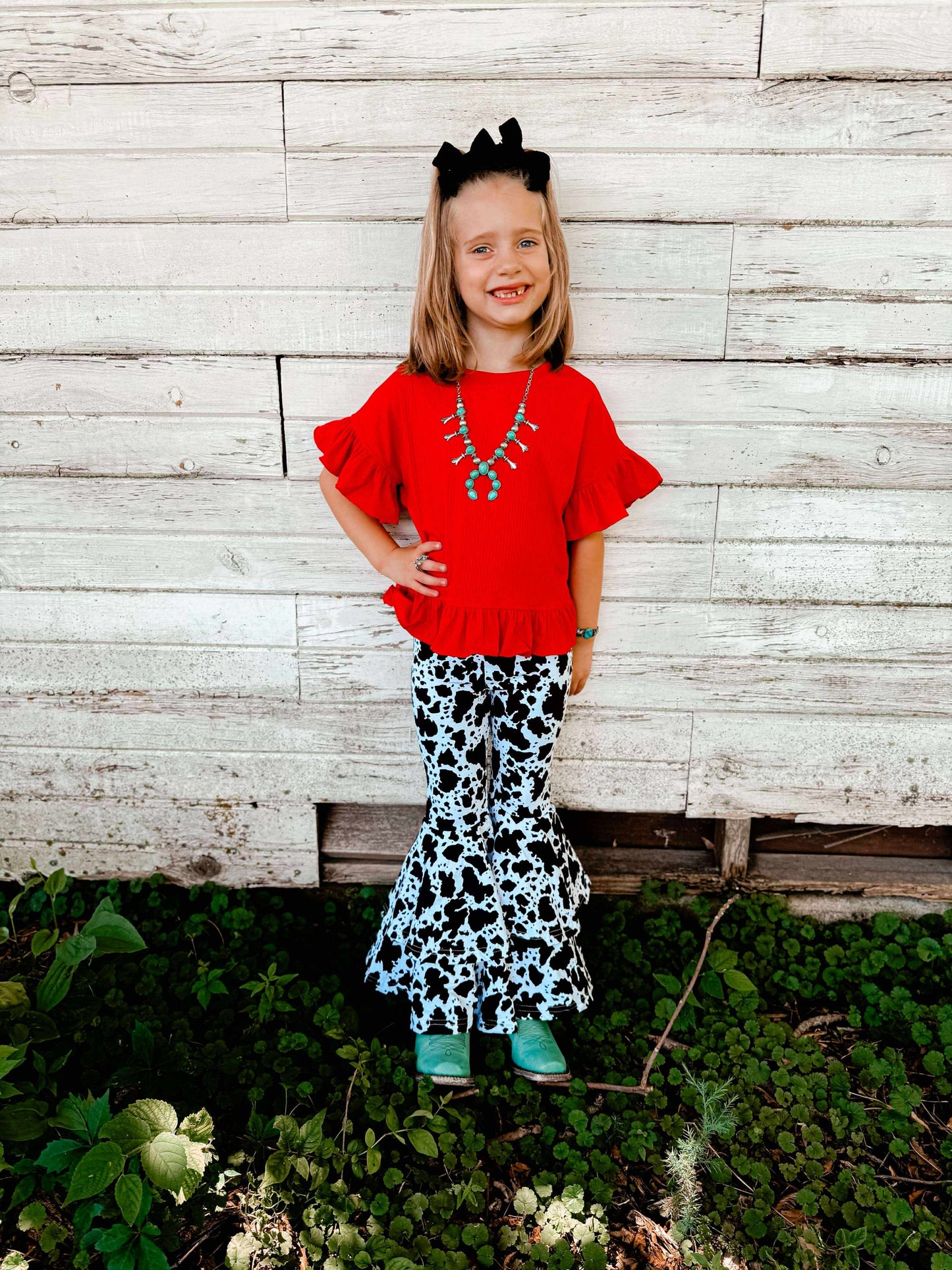Black Cow Print Double Bell Bottoms