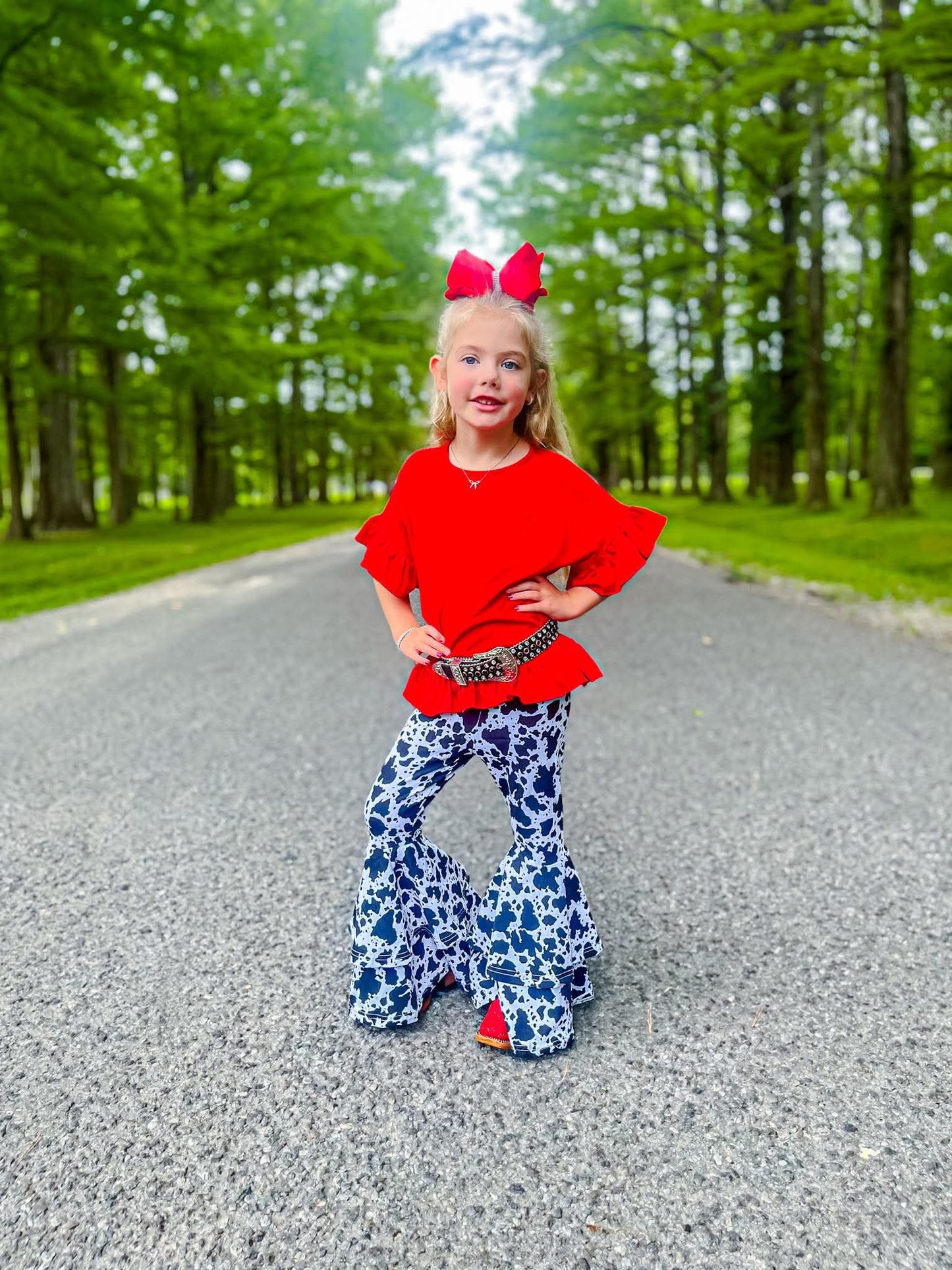 Black Cow Print Double Bell Bottoms