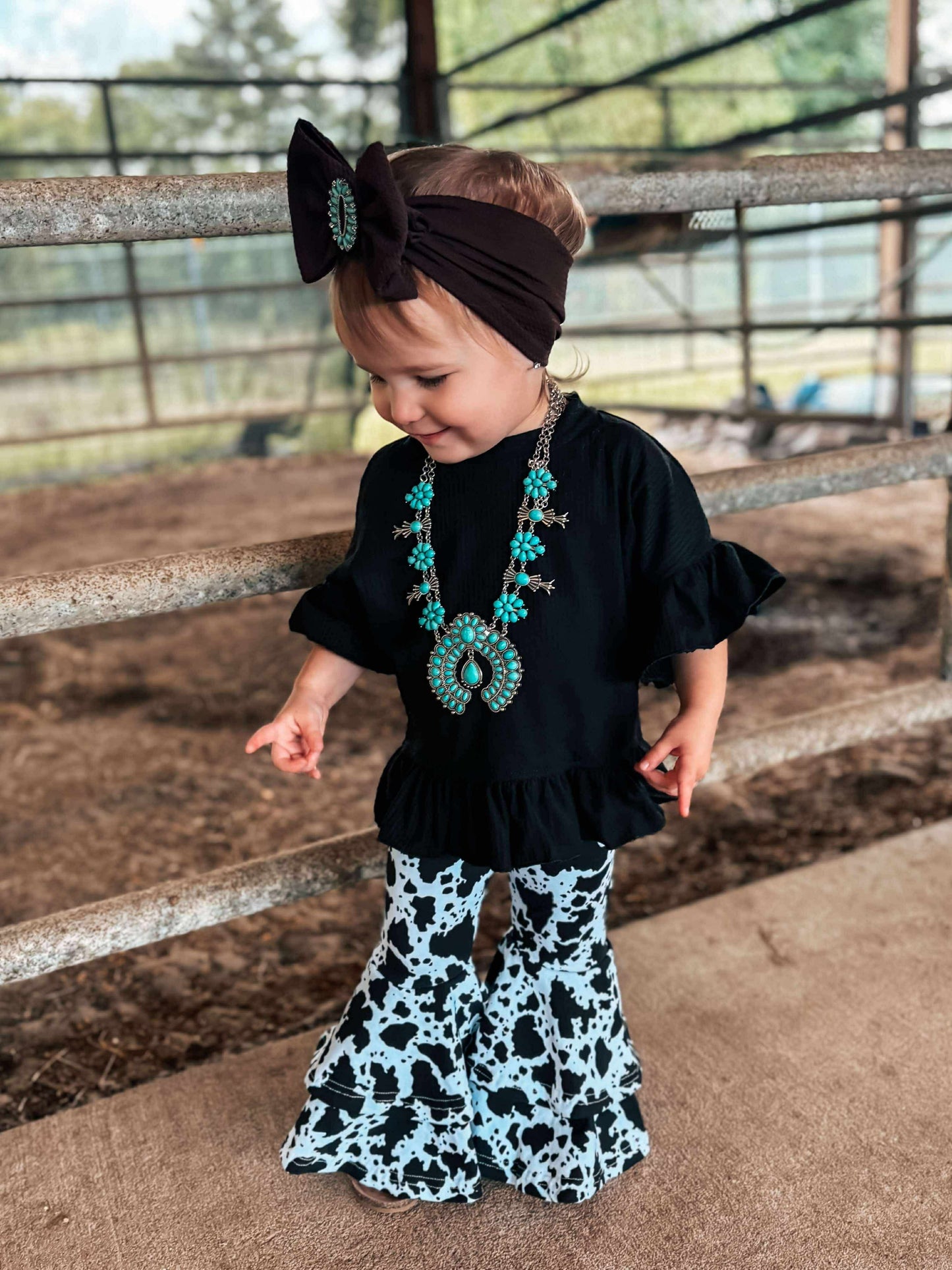 Black Cow Print Double Bell Bottoms
