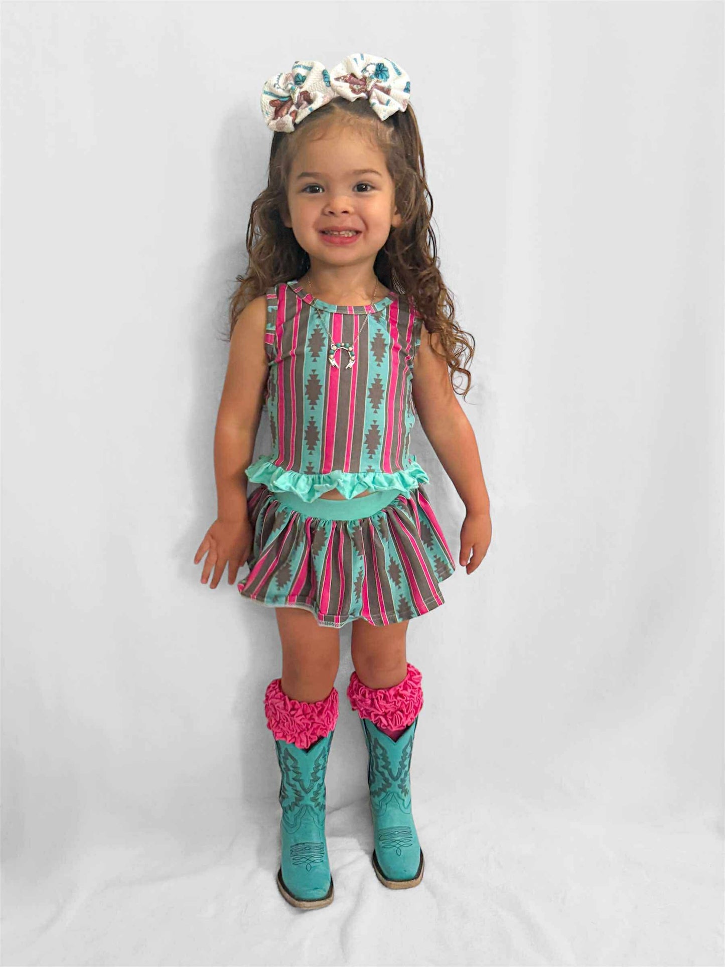 Pink & Teal Aztec Skirted Ruffle Set (FINAL SALE)