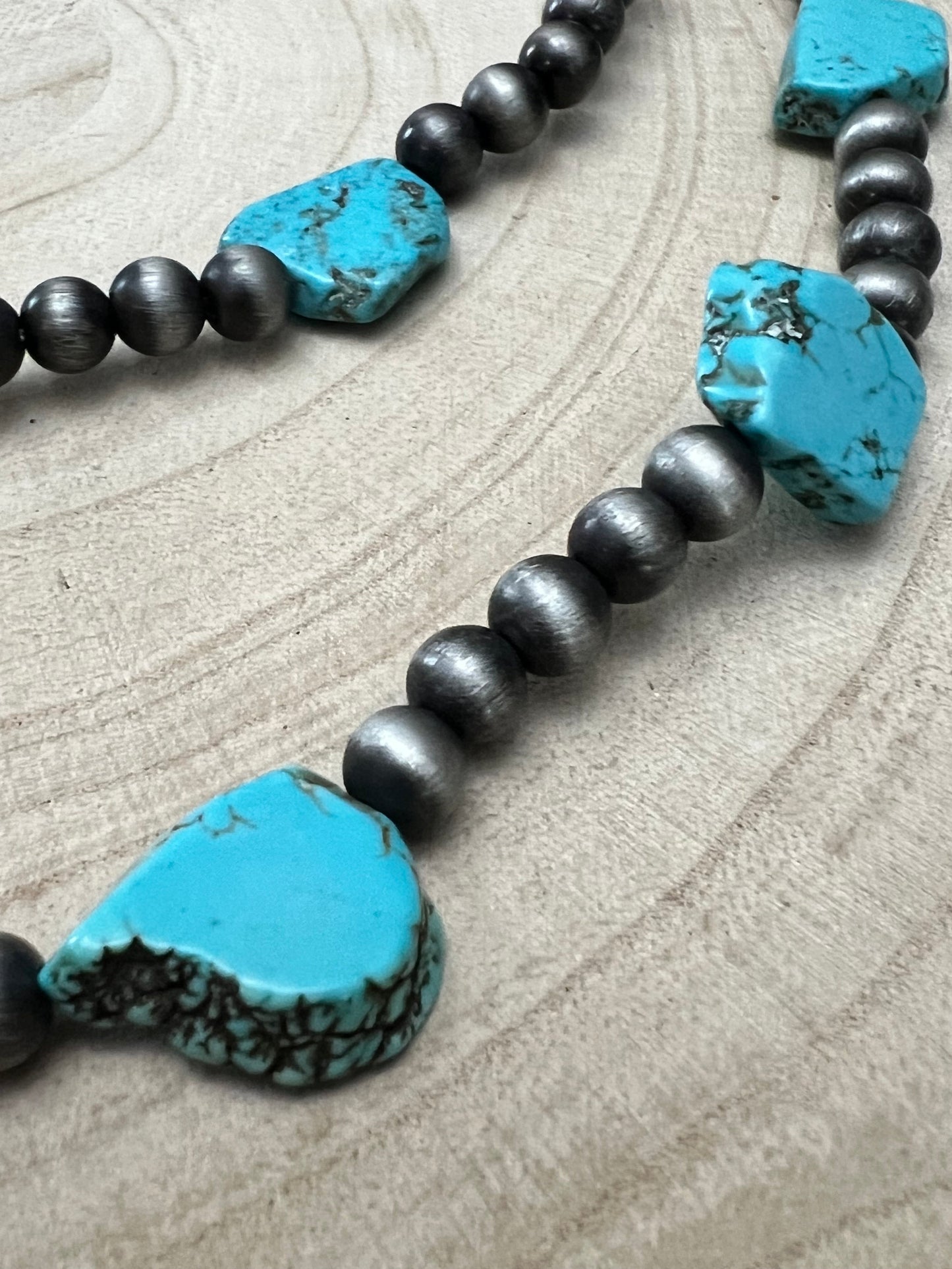 Long Faux Turquoise Nugget and Sterling Pearl Statement Necklace - 48 inch