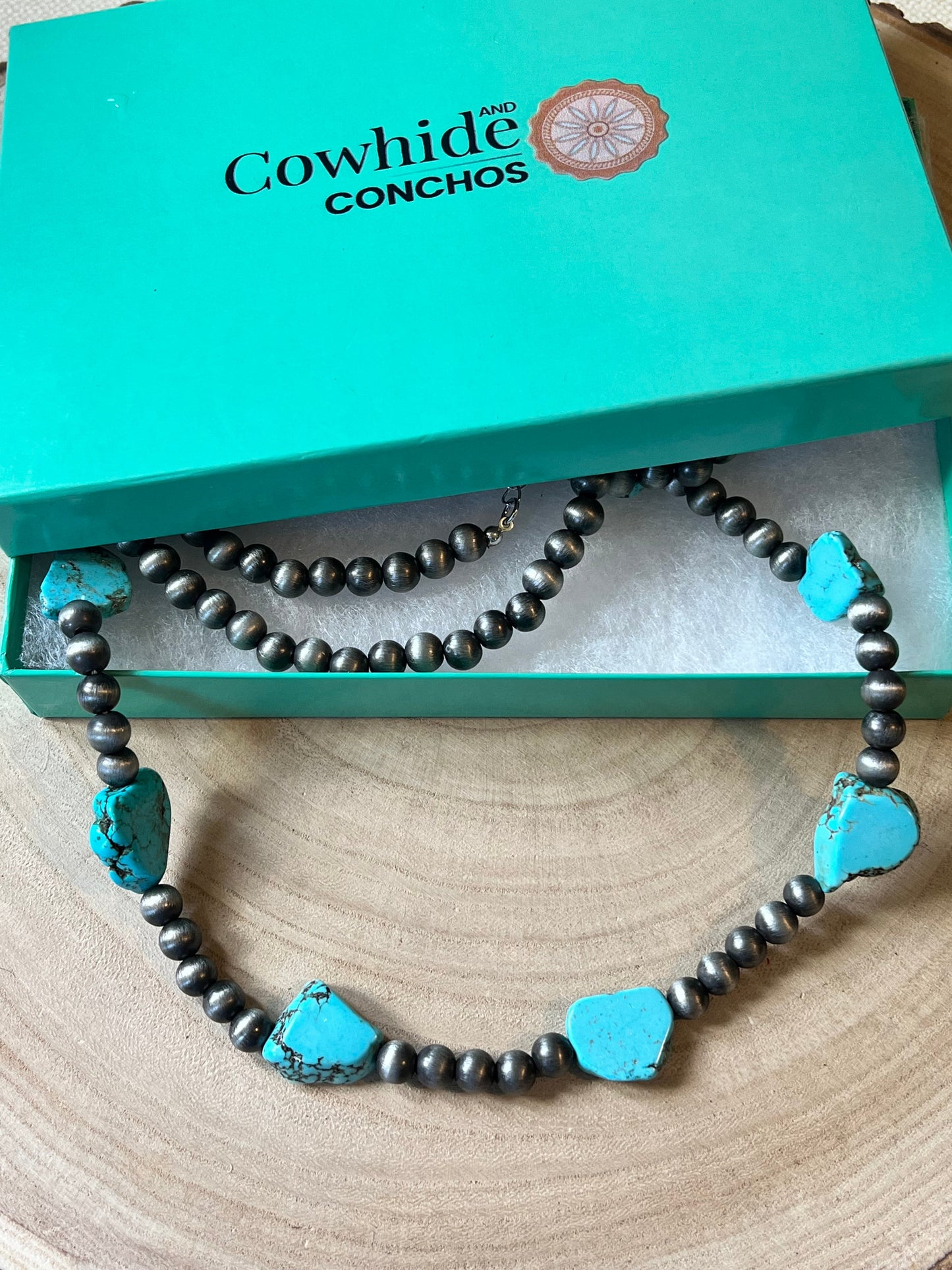 Long Faux Turquoise Nugget and Sterling Pearl Statement Necklace - 48 inch