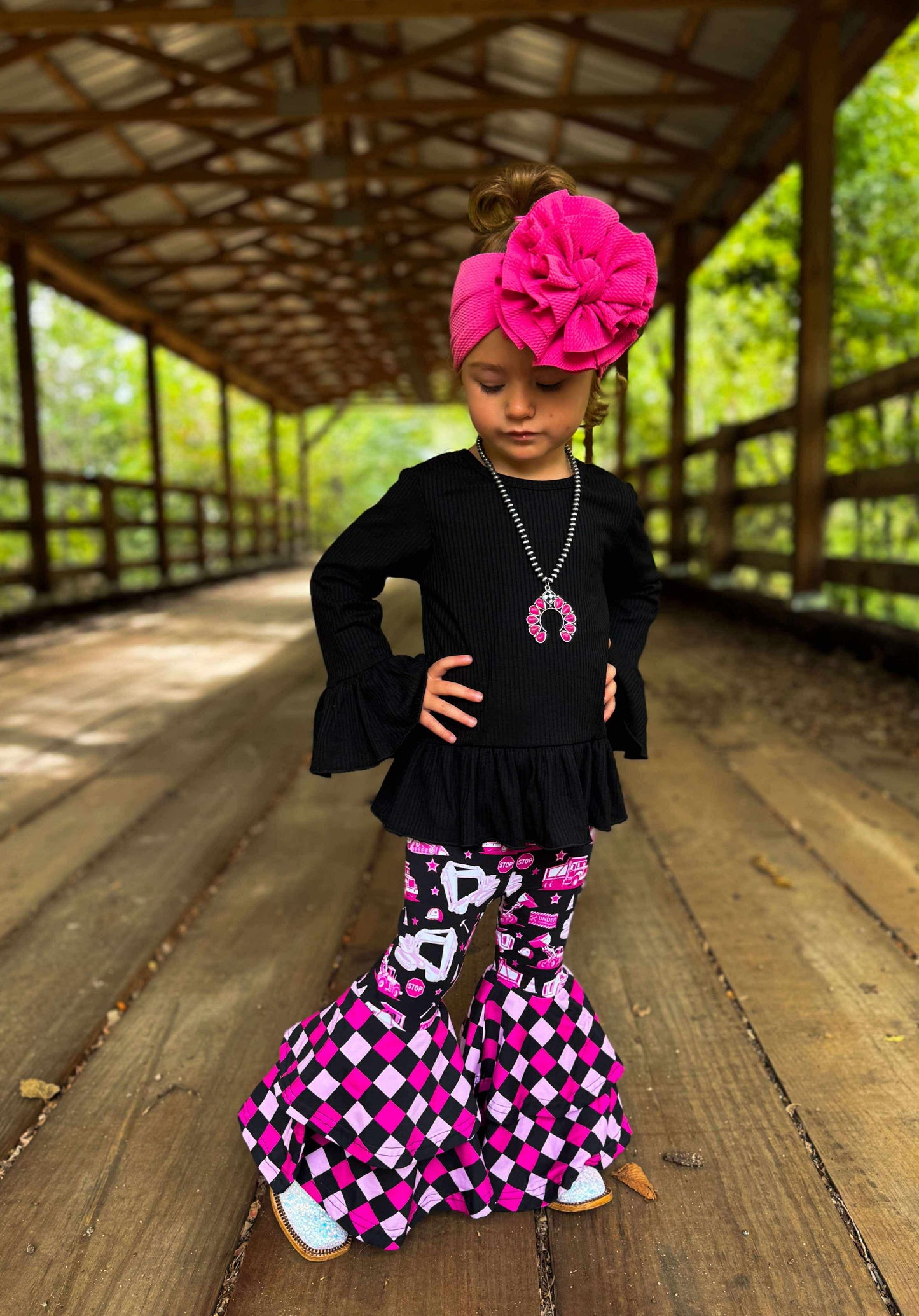 Pink Under Construction Double Bell Bottoms