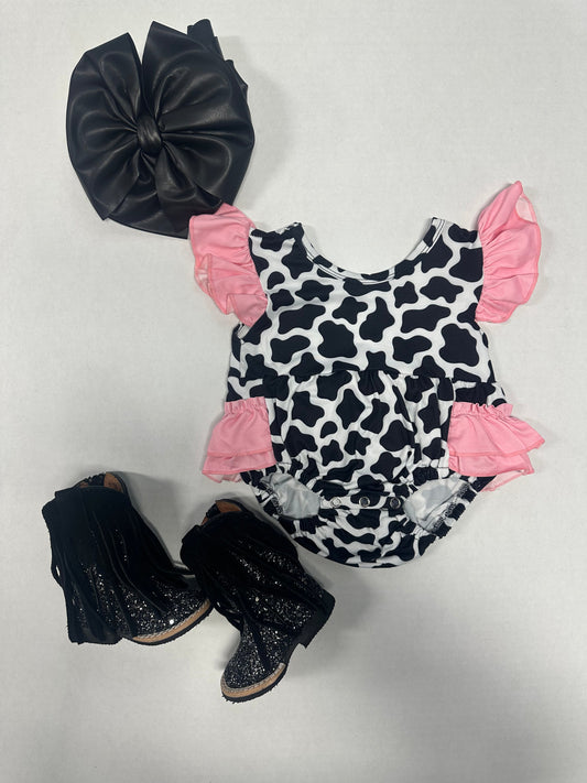 Cow Print With Pink Ruffles Romper (FINAL SALE)
