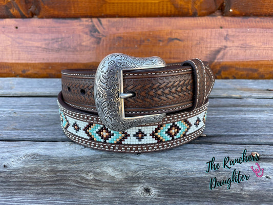 Boy's Nacona Basketweave Beaded Inlay Leather Belt