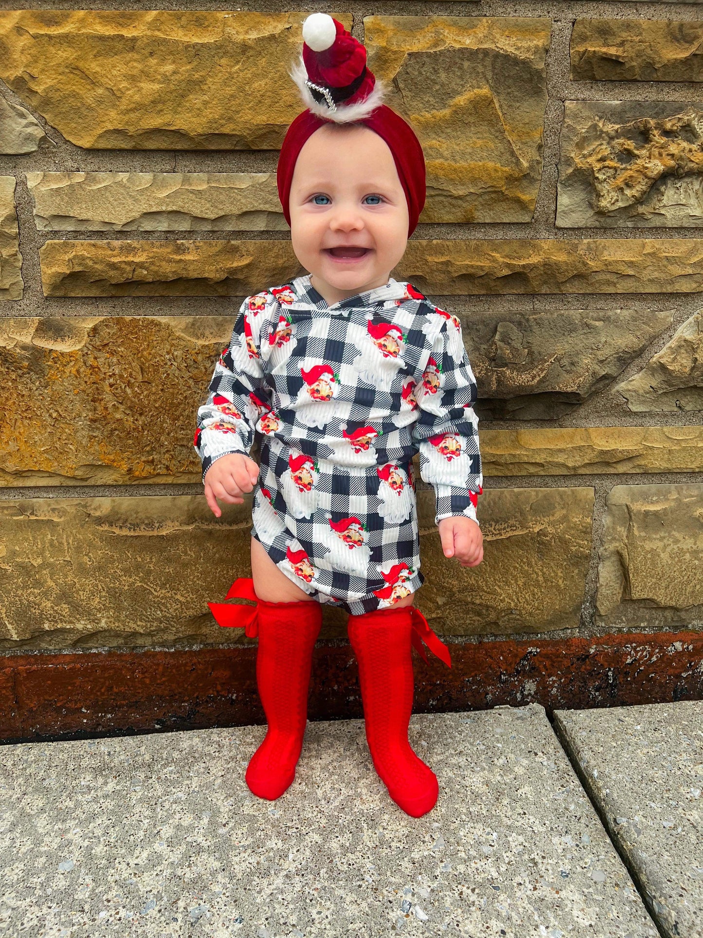 Checkered Santa Ribbed Hooded romper