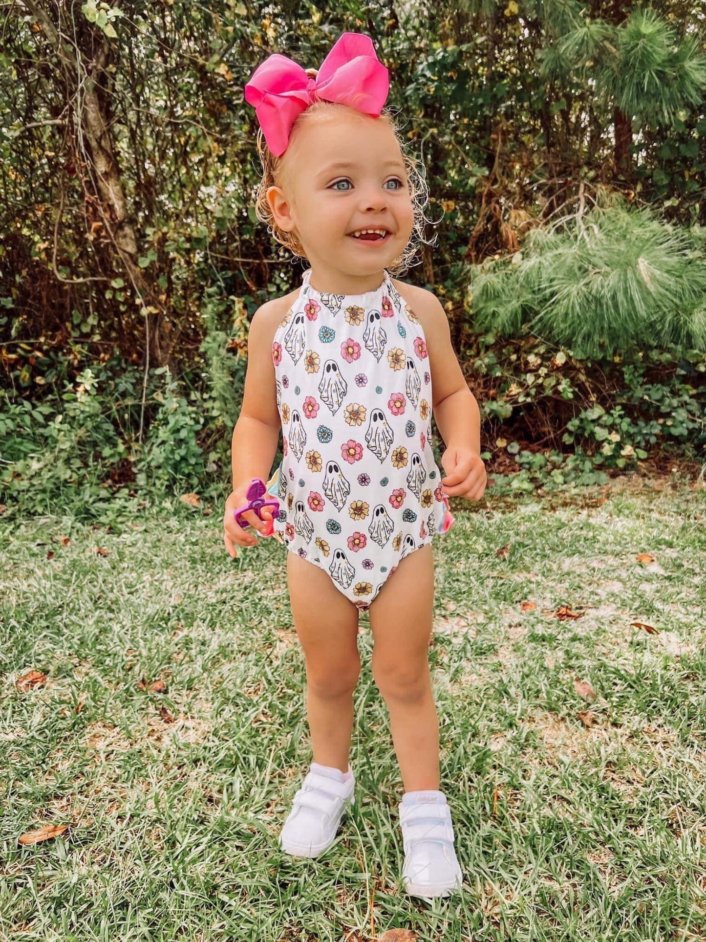 Colorful ghost tie ruffle romper