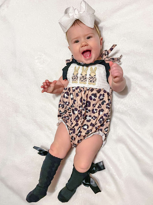 Smocked leopard bunny tie romper