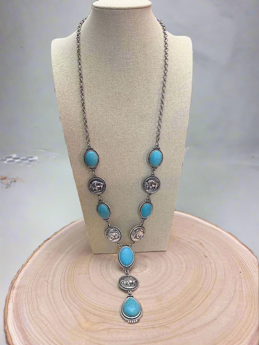 Western Buffalo Coin Faux Lariat Necklace & Earring Set - 26 inch + 3