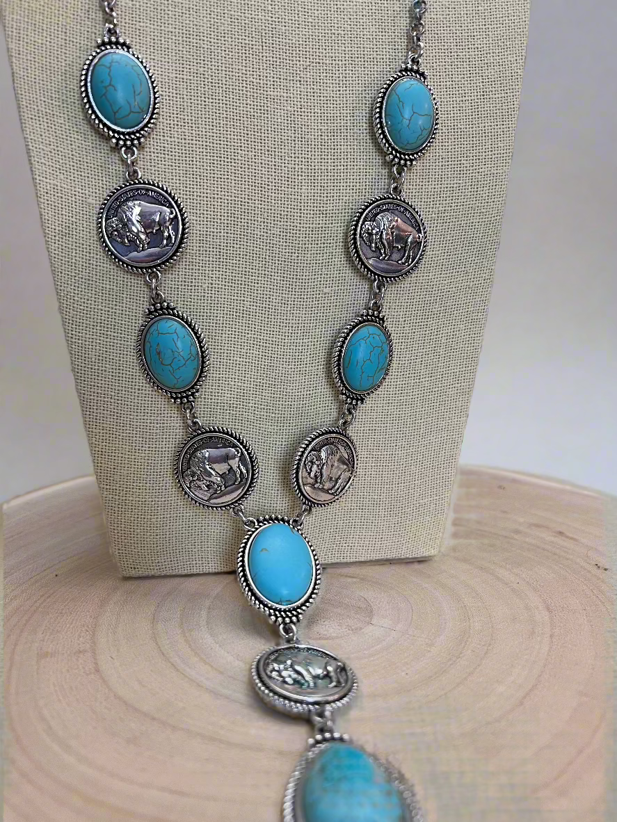 Western Buffalo Coin Faux Lariat Necklace & Earring Set - 26 inch + 3