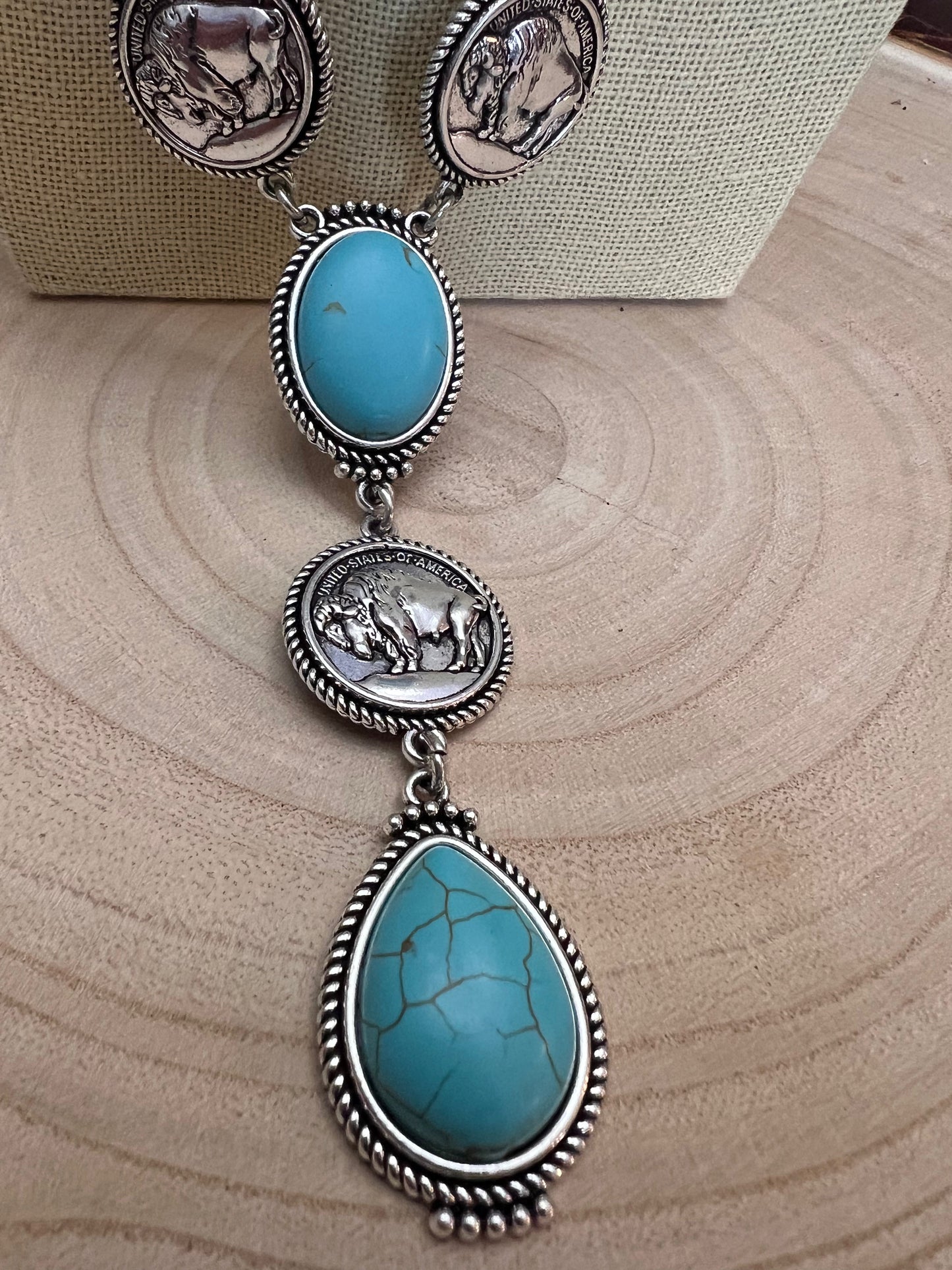 Western Buffalo Coin Faux Lariat Necklace & Earring Set - 26 inch + 3