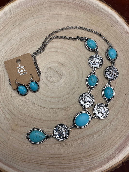 Western Buffalo Coin Faux Lariat Necklace & Earring Set - 26 inch + 3