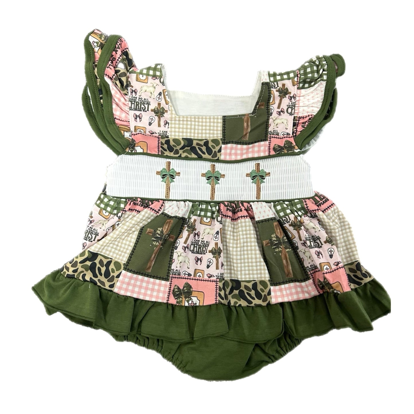 Smocked camo cross girl romper