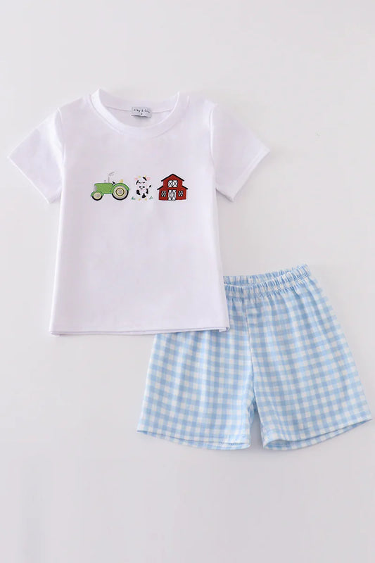 Blue farm embroidery boy set