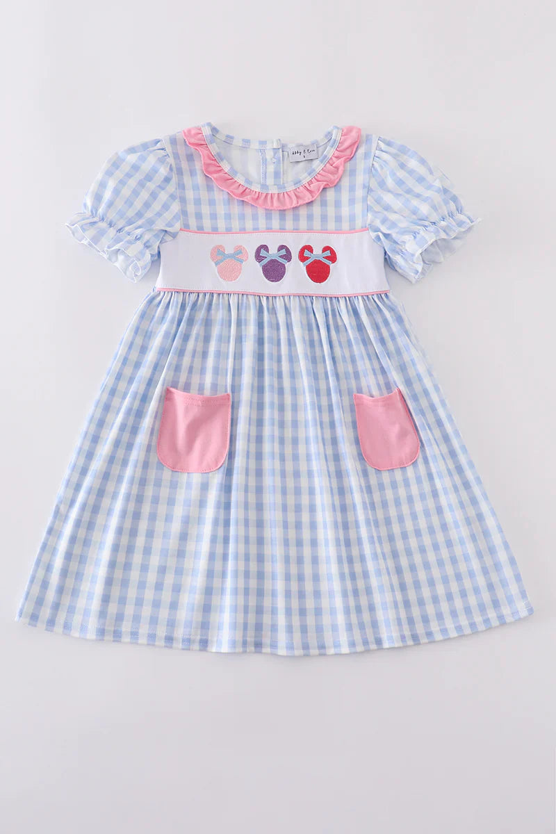Blue character embroidery gingham ruffle