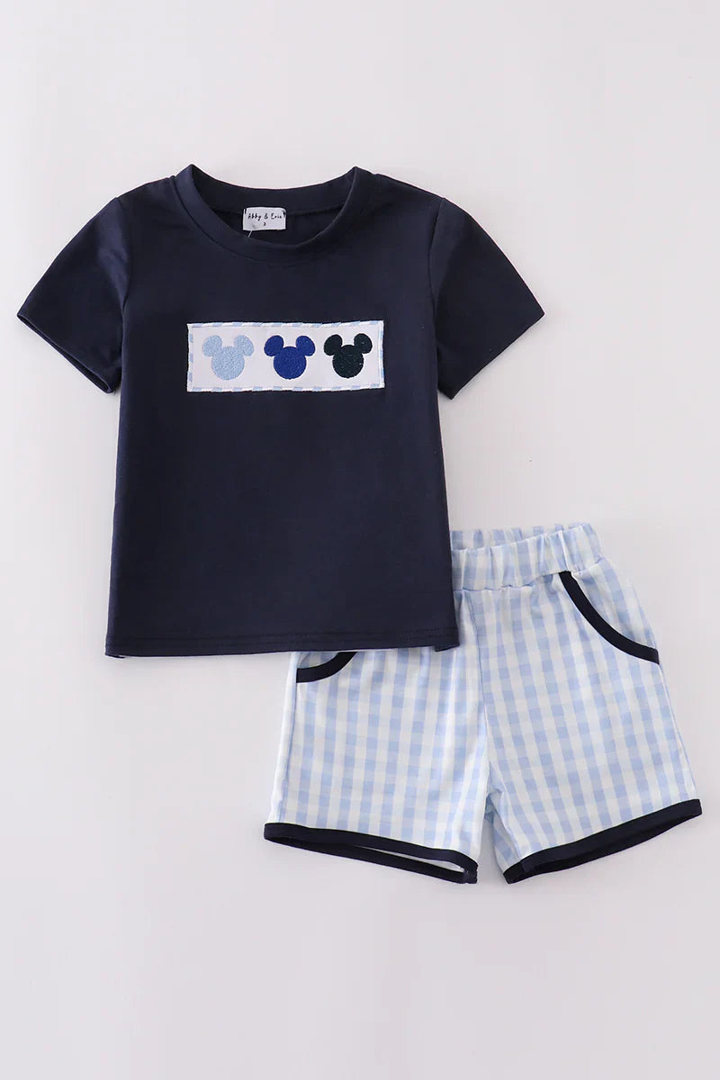 Navy character embroidery gingham shorts