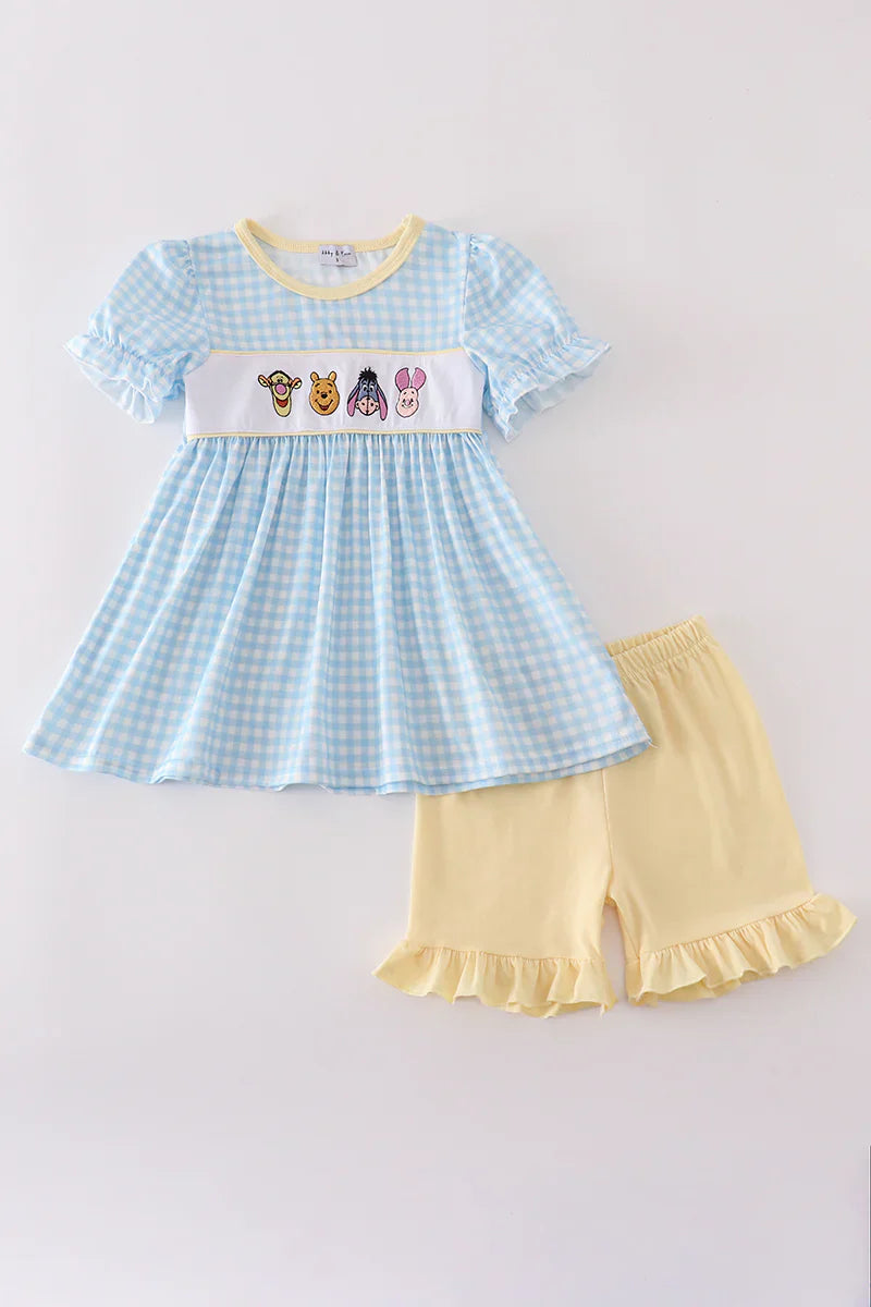 Blue character embroidery gingham ruffle Short Set