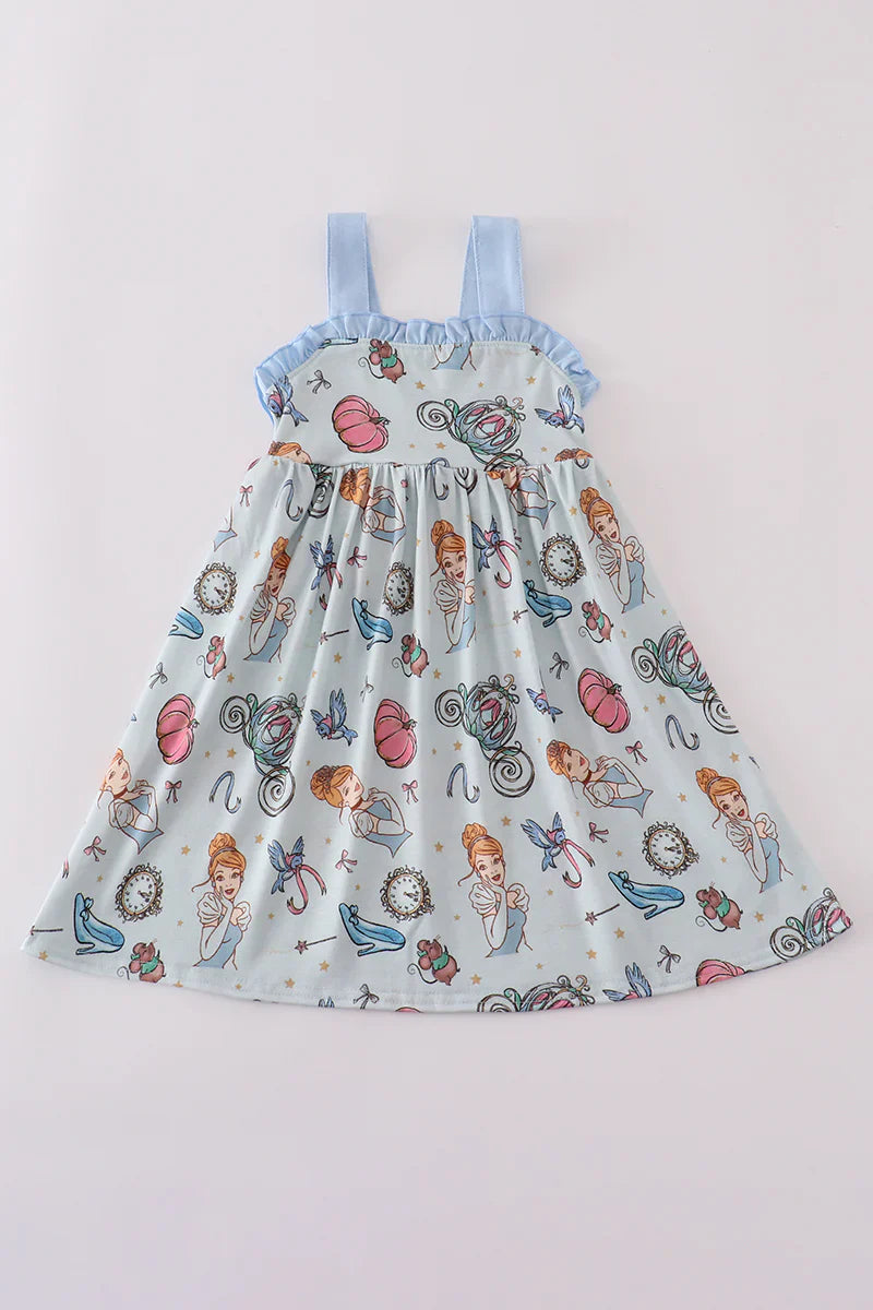 Blue princess print ruffle dress