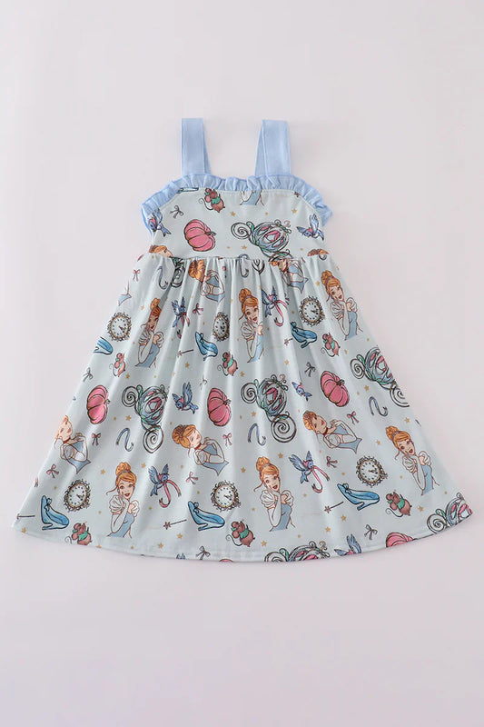 Blue princess print ruffle dress