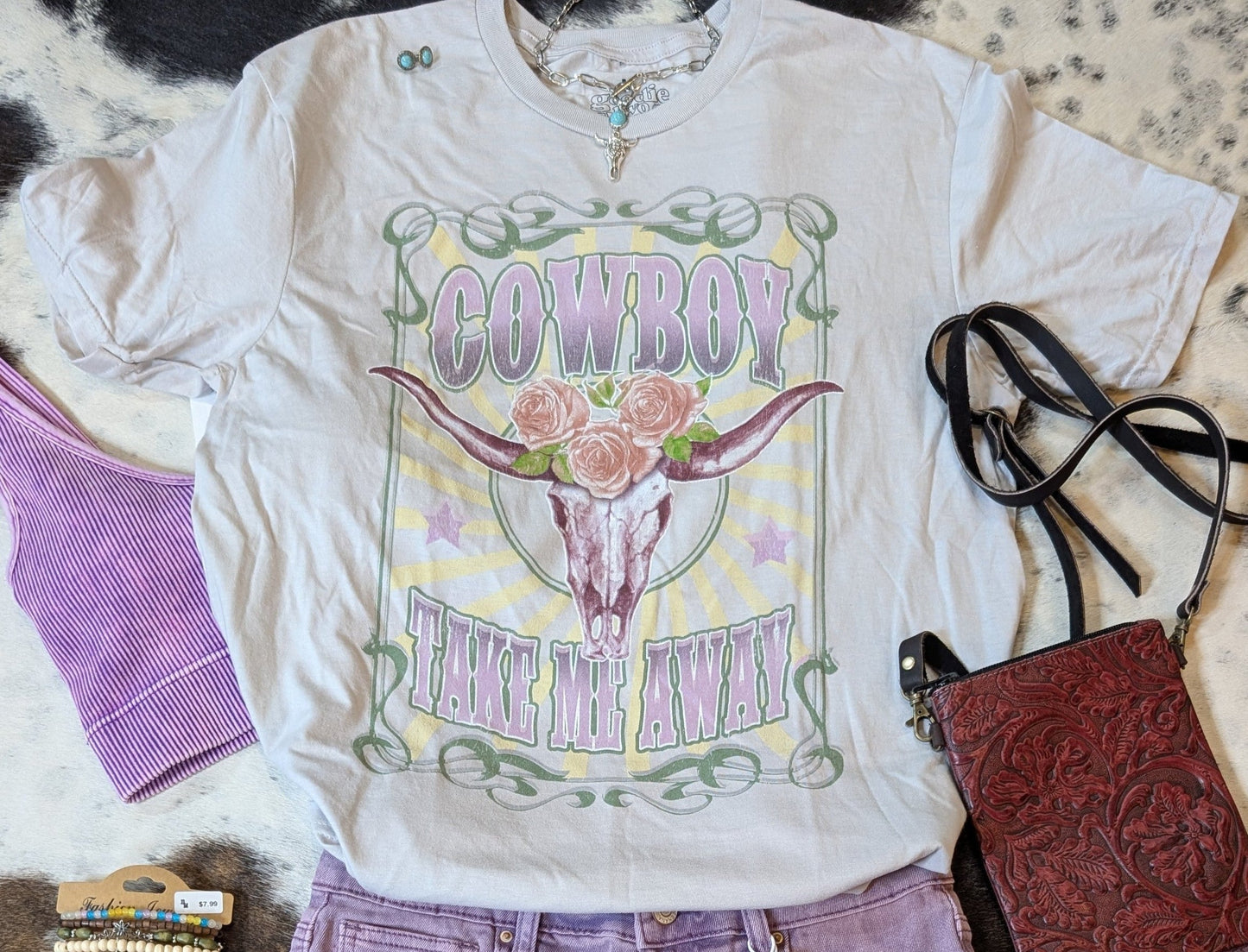“Goodie Two Sleeves Cowboy Take Me Away Graphic Tee – Western Vintage Womens T-Shirt”  (Shirt ONLY)