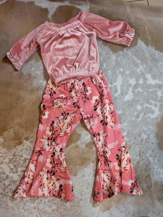 Girl's Velvet long sleeve top and Floral Bell Bottoms set