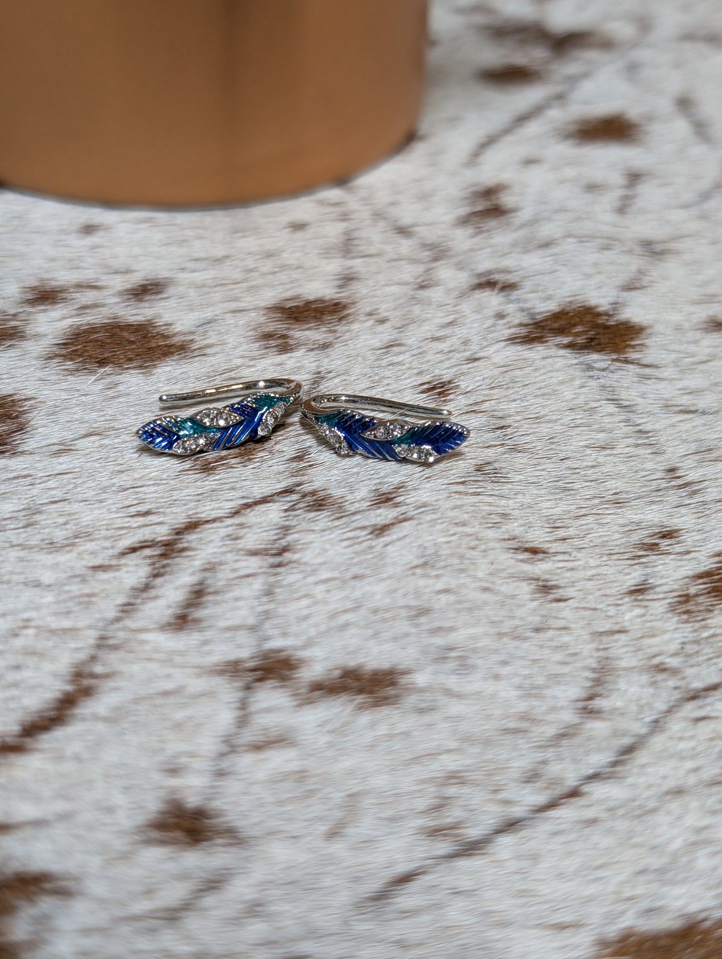Blue Feather Drop Earrings with Crystal Accents – Western Fashion Jewelry