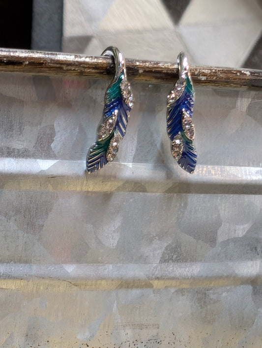 Blue Feather Drop Earrings with Crystal Accents – Western Fashion Jewelry