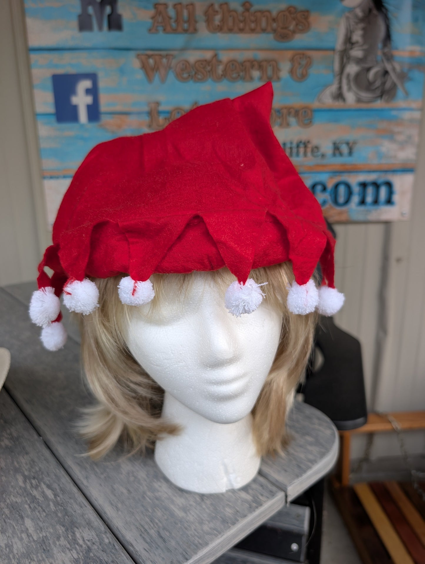 Festive Red Christmas Elf Hat with Pom-Poms – Holiday Costume Accessory