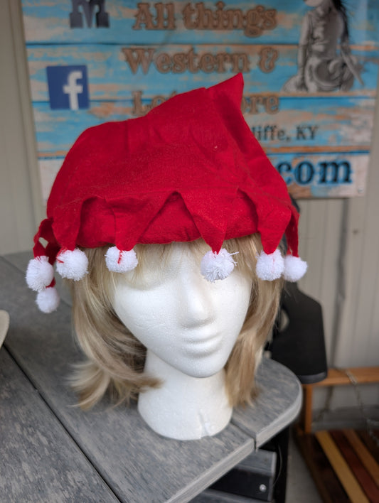 Festive Red Christmas Elf Hat with Pom-Poms – Holiday Costume Accessory
