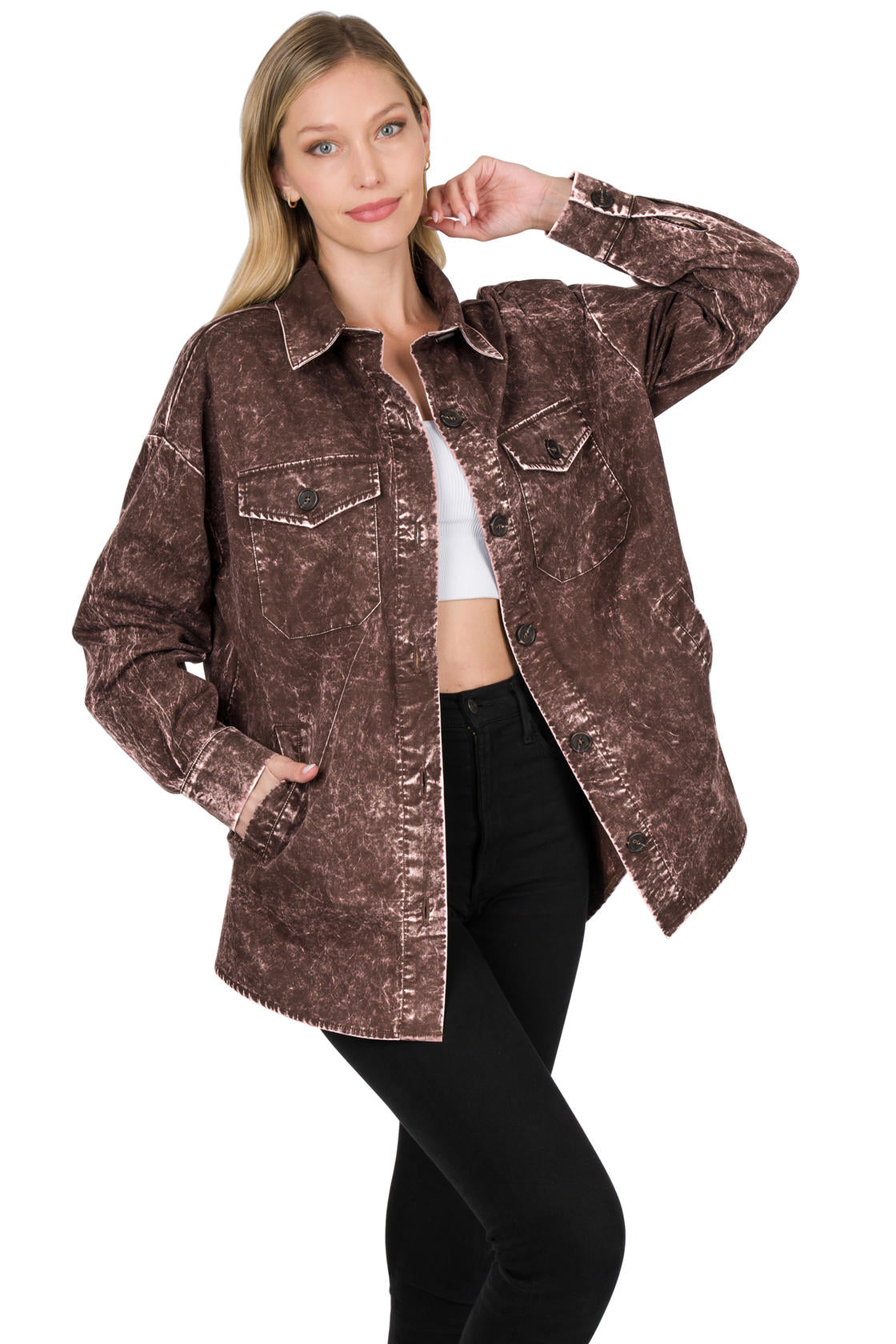 Cotton Woven Oversized Vintage Washed Shacket – Western Layered Style