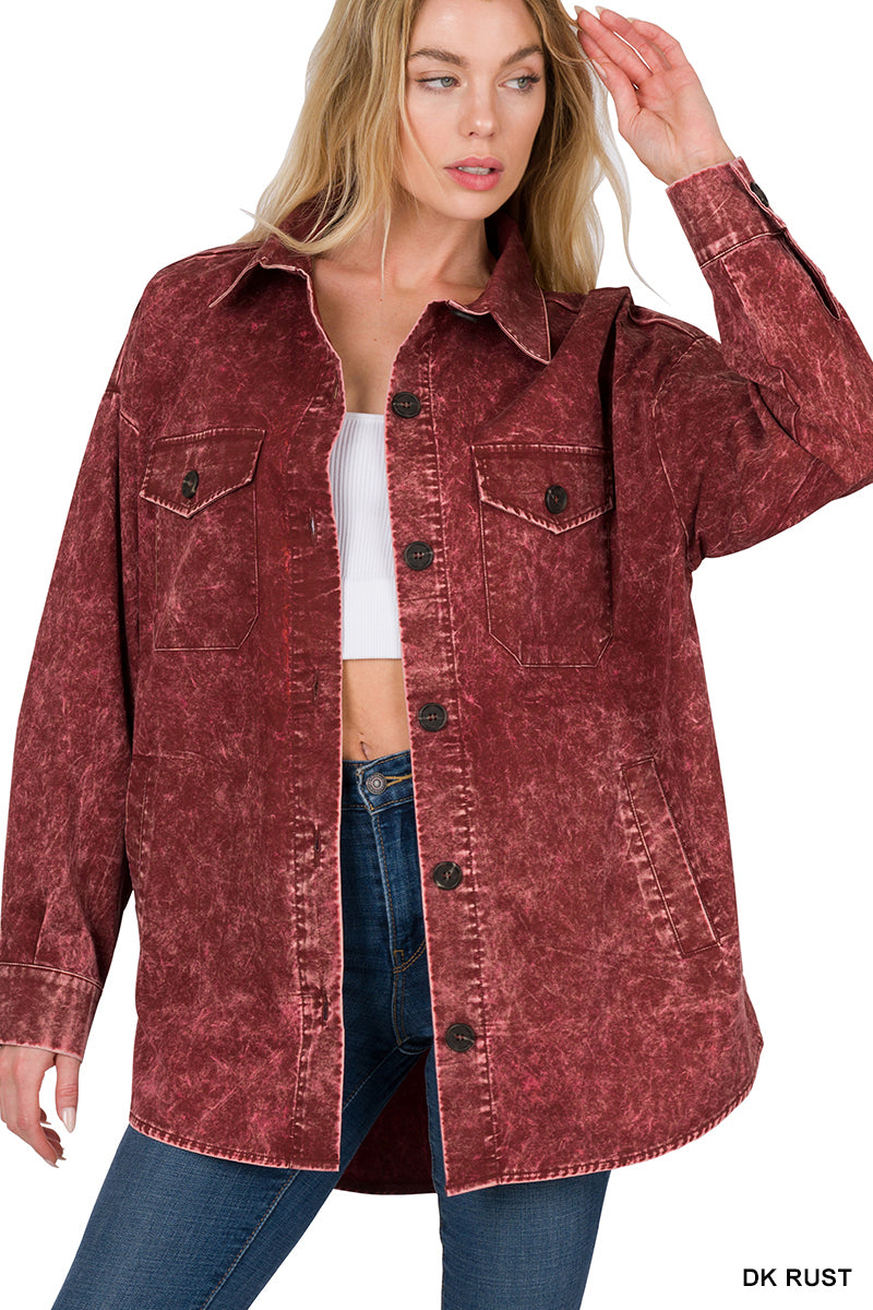 Cotton Woven Oversized Vintage Washed Shacket – Western Layered Style