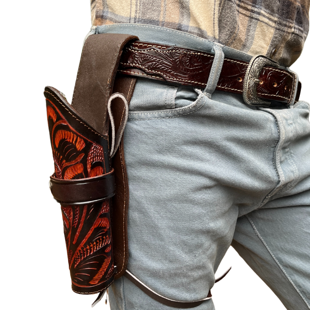 Hip Draw Tooled Leather Holster  - Brown