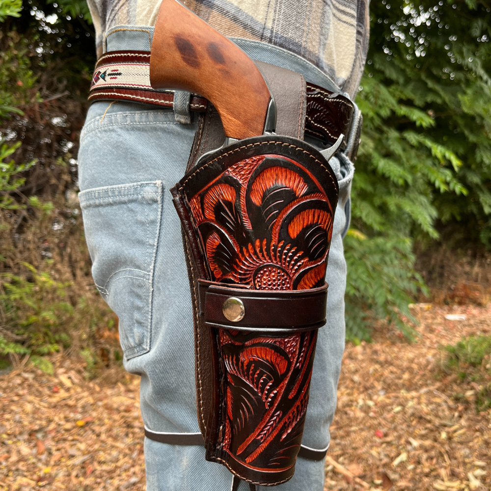 Hip Draw Tooled Leather Holster  - Brown