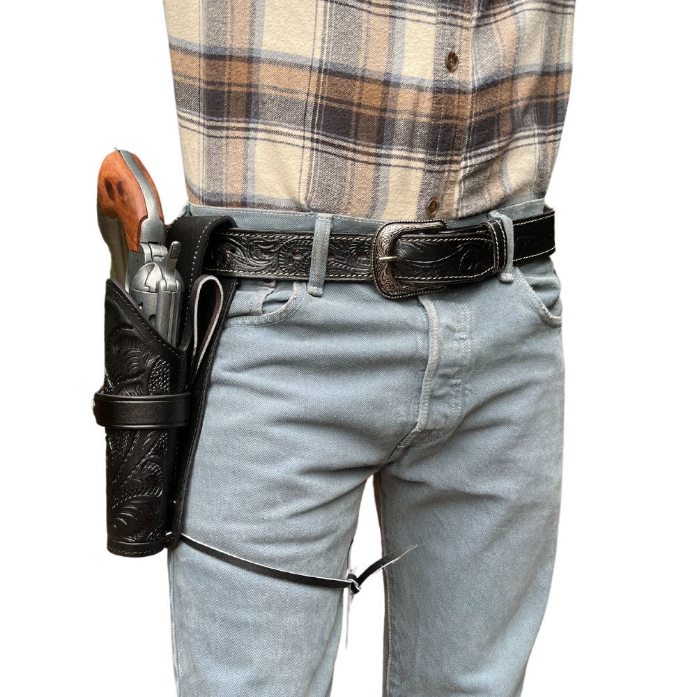 Hip Draw Tooled Leather Holster - Black