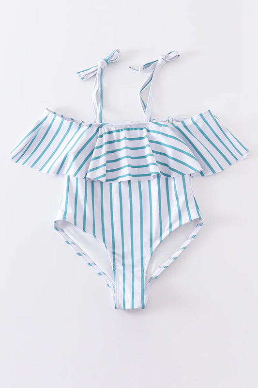 Blue stripe strap girl swimsuit one piece
